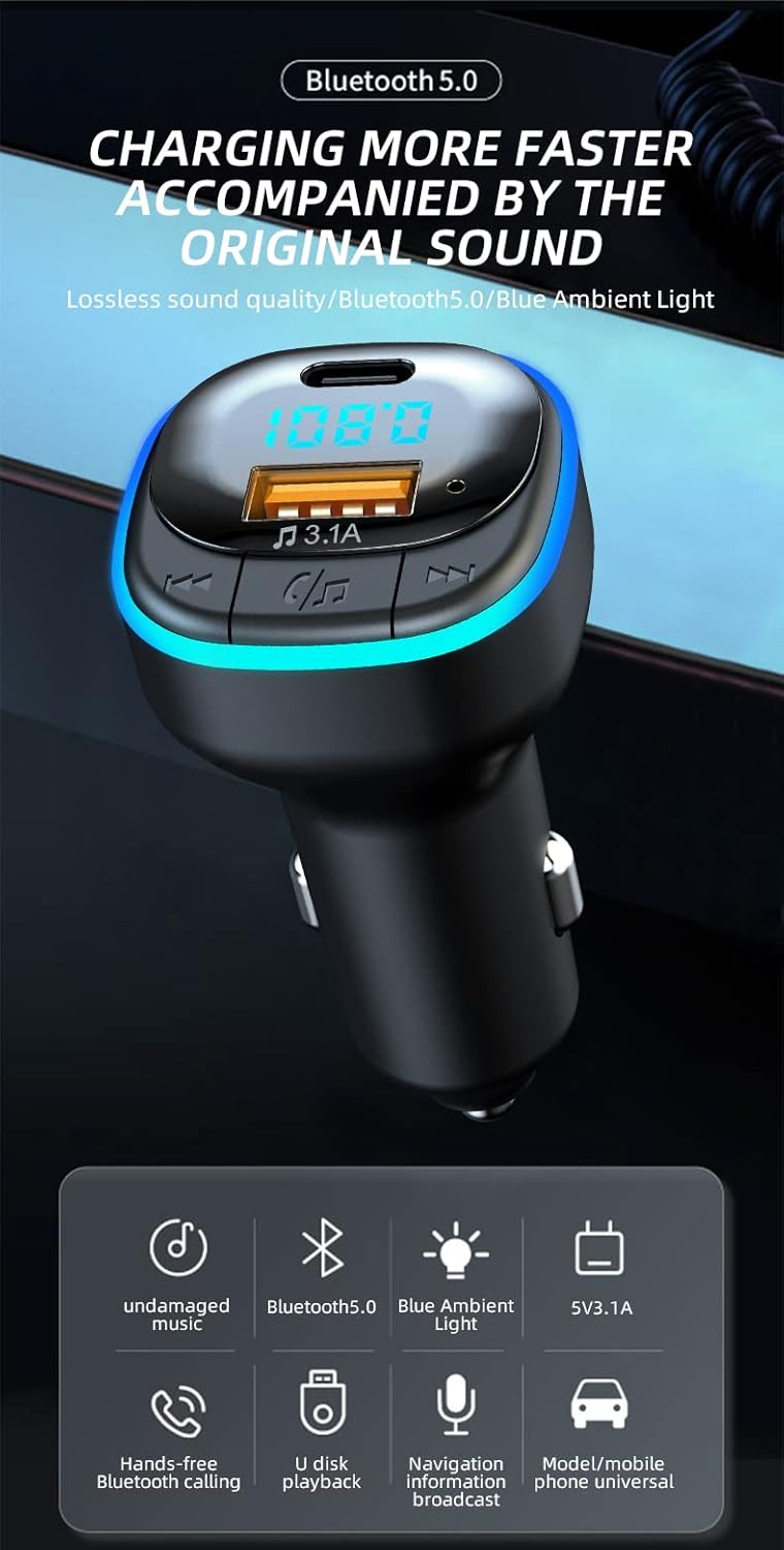 OHITEC Bluetooth 5.0 FM Transmitter for Car, Hands Free Calling, Built-in Over-Current Protection, 5V/3.1A Quick Charger & Blue Colors LED Backlit Car Radio Bluetooth Adapter, Support USB Disk - Image 1